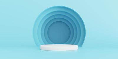 3D Render. Abstract blue composition on podium. Minimal Studio with round stand and copy space. Futuristic interior background for landing page, showcase, Product presentation. photo