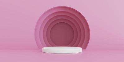 3D Render. Abstract pink composition on podium. Minimal Studio with round stand and copy space. Futuristic interior background for landing page, showcase, Product presentation. photo