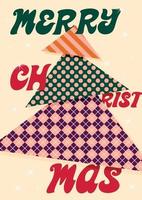 Christmas poster in retro style. Patchwork Christmas tree. vector