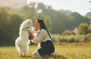 Doing some tricks. Woman with her dog is having fun on the field at sunny daytime photo