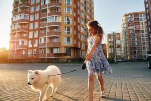Little girl with her dog is on the walk on the street photo