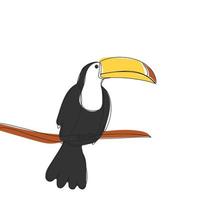 Bird on branch. Toucan in line art stile, one continues line with color. Vector illustration.