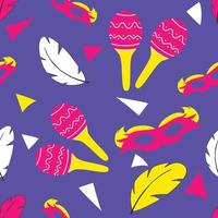 Seamless pattern with carnival elements on purple background. Maracas, masks, feathers and serpentine. Vector illustration.