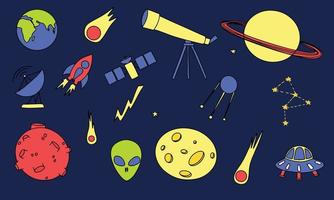 conjunto de elementos espaciales sobre fondo azul oscuro. telescopio, planeta, tierra, luna, cometa, satélite, plato espacial, ovni, extraterrestre, cohete, radar, constelación. ilustración vectorial vector