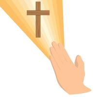 two hands pray. The concept of religion. Christian Cross in radiance.  Vector illustration.