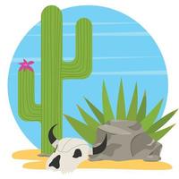 Cartoon picture about desert. Picture in circle. Cactus, aloe, stone, skull of bull. Vector illustration.