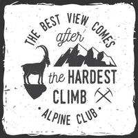 Vintage typography design with ice axe, rock climbing Goat and mountain silhouette. vector