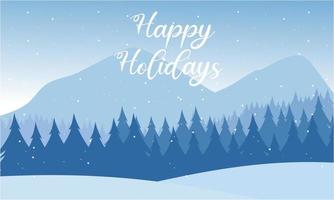 Blue mountains winter snowy landscape with hand lettering of Happy Holidays and pines on foreground illustration vector