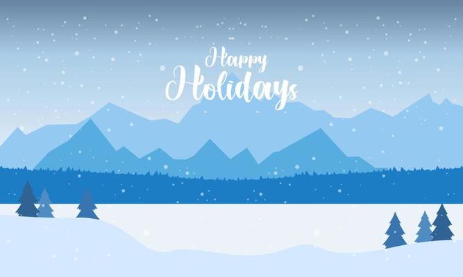Blue mountains winter snowy landscape with hand lettering of Happy Holidays and pines on foreground illustration