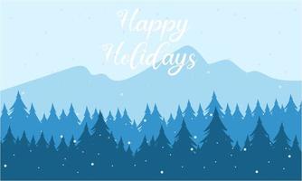 Blue mountains winter snowy landscape with hand lettering of Happy Holidays and pines on foreground illustration vector