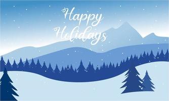 Blue mountains winter snowy landscape with hand lettering of Happy Holidays and pines on foreground illustration vector