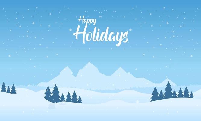 Blue mountains winter snowy landscape with hand lettering of Happy Holidays and pines on foreground illustration