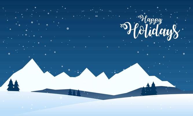 Blue mountains winter snowy landscape with hand lettering of Happy Holidays and pines on foreground illustration