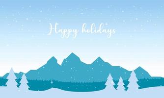 Blue mountains winter snowy landscape with hand lettering of Happy Holidays and pines on foreground illustration vector