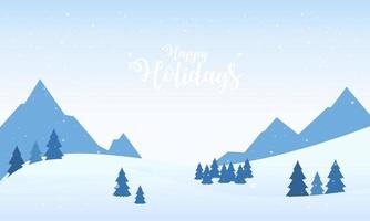 montañas azules paisaje nevado de invierno con letras a mano de felices fiestas y pinos en la ilustración de primer plano vector
