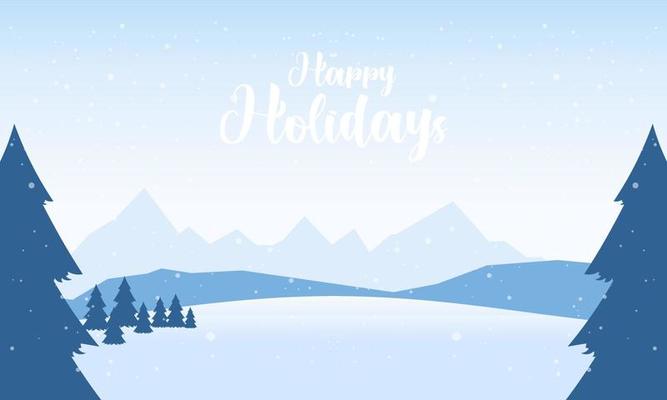 Blue mountains winter snowy landscape with hand lettering of Happy Holidays and pines on foreground illustration