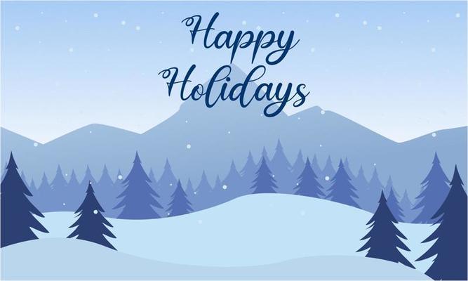 Blue mountains winter snowy landscape with hand lettering of Happy Holidays and pines on foreground illustration
