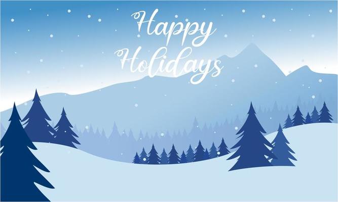 Blue mountains winter snowy landscape with hand lettering of Happy Holidays and pines on foreground illustration