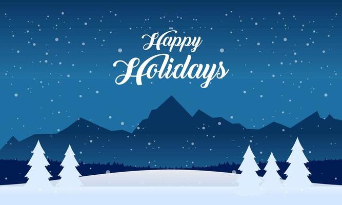 Blue mountains winter snowy landscape with hand lettering of Happy Holidays and pines on foreground illustration