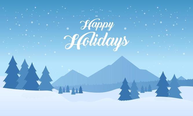 Blue mountains winter snowy landscape with hand lettering of Happy Holidays and pines on foreground illustration
