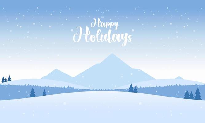 Blue mountains winter snowy landscape with hand lettering of Happy Holidays and pines on foreground illustration