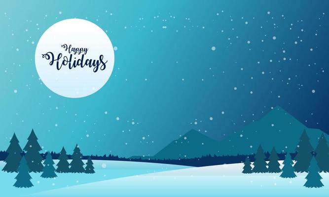 Blue mountains winter snowy landscape with hand lettering of Happy Holidays and pines on foreground illustration