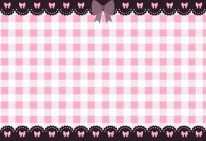 Cute pink kawaii horizontal background with gingham check and dark lace borders with bows vector