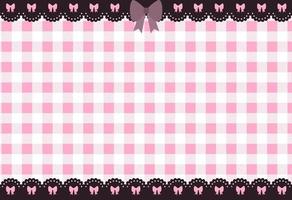 Cute pink kawaii horizontal background with gingham check and dark lace borders with bows vector