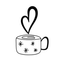 Doodle mug with steam. Hand drawn cute mug with snowflakes and heart shaped steam. Vector cozy element for decor