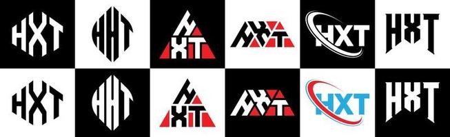 HXT letter logo design in six style. HXT polygon, circle, triangle, hexagon, flat and simple style with black and white color variation letter logo set in one artboard. HXT minimalist and classic logo vector