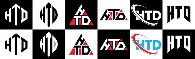 HTD letter logo design in six style. HTD polygon, circle, triangle, hexagon, flat and simple style with black and white color variation letter logo set in one artboard. HTD minimalist and classic logo vector
