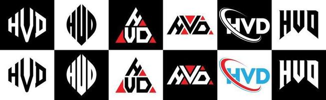 HVD letter logo design in six style. HVD polygon, circle, triangle, hexagon, flat and simple style with black and white color variation letter logo set in one artboard. HVD minimalist and classic logo vector
