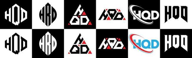 HQD letter logo design in six style. HQD polygon, circle, triangle, hexagon, flat and simple style with black and white color variation letter logo set in one artboard. HQD minimalist and classic logo vector