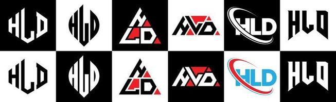 HLD letter logo design in six style. HLD polygon, circle, triangle, hexagon, flat and simple style with black and white color variation letter logo set in one artboard. HLD minimalist and classic logo vector