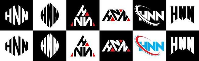 diseño de logotipo de letra hnn en seis estilos. hnn polígono, círculo, triángulo, hexágono, estilo plano y simple con logotipo de letra de variación de color blanco y negro en una mesa de trabajo. logotipo minimalista y clásico de hnn vector