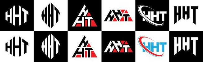 HHT letter logo design in six style. HHT polygon, circle, triangle, hexagon, flat and simple style with black and white color variation letter logo set in one artboard. HHT minimalist and classic logo vector