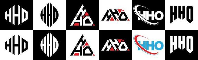 HHO letter logo design in six style. HHO polygon, circle, triangle, hexagon, flat and simple style with black and white color variation letter logo set in one artboard. HHO minimalist and classic logo vector