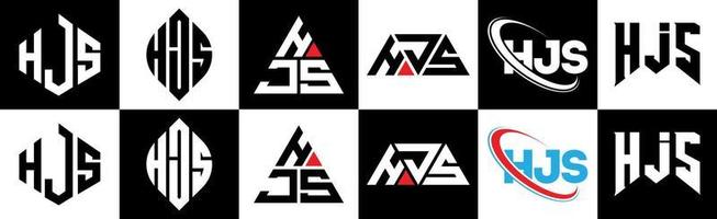 HJS letter logo design in six style. HJS polygon, circle, triangle, hexagon, flat and simple style with black and white color variation letter logo set in one artboard. HJS minimalist and classic logo vector
