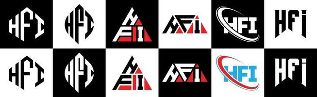 HFI letter logo design in six style. HFI polygon, circle, triangle, hexagon, flat and simple style with black and white color variation letter logo set in one artboard. HFI minimalist and classic logo vector