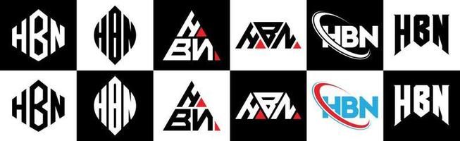 HBN letter logo design in six style. HBN polygon, circle, triangle, hexagon, flat and simple style with black and white color variation letter logo set in one artboard. HBN minimalist and classic logo vector