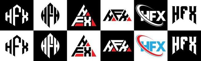 HFX letter logo design in six style. HFX polygon, circle, triangle, hexagon, flat and simple style with black and white color variation letter logo set in one artboard. HFX minimalist and classic logo vector