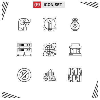 Pack of 9 creative Outlines of landmark circular grid mother circular database server Editable Vector Design Elements