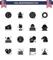 Happy Independence Day USA Pack of 16 Creative Solid Glyphs of amearican dollar movis nutrition donut Editable USA Day Vector Design Elements