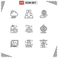 Group of 9 Modern Outlines Set for plane airplane globe spray bottle Editable Vector Design Elements