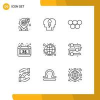 Stock Vector Icon Pack of 9 Line Signs and Symbols for global business date mind christmas olympic games Editable Vector Design Elements