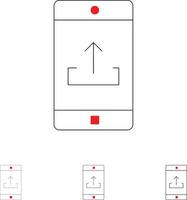 aplicación móvil aplicación móvil carga de teléfono inteligente conjunto de iconos de línea negra delgada y audaz vector