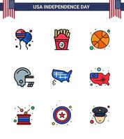 paquete de 9 signos de líneas rellenas planas de celebración del día de la independencia de EE. UU. Y símbolos del 4 de julio, como casco de baloncesto de mapa unido, elementos de diseño de vector de día de EE. UU. editables estadounidenses