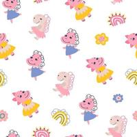 Seamless pattern with dino girls. Design for fabric, textile, wallpaper, packaging vector