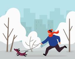 Walk Your Dog Month. The male is walking her dog. Flat style. Vector illustration.