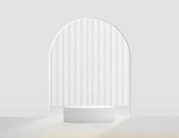 Abstract white realistic 3d cylinder pedestal podium with arch shape backdrop. Abstract vector rendering geometric platform with shadow overlay. Product display presentation. Minimal scene.